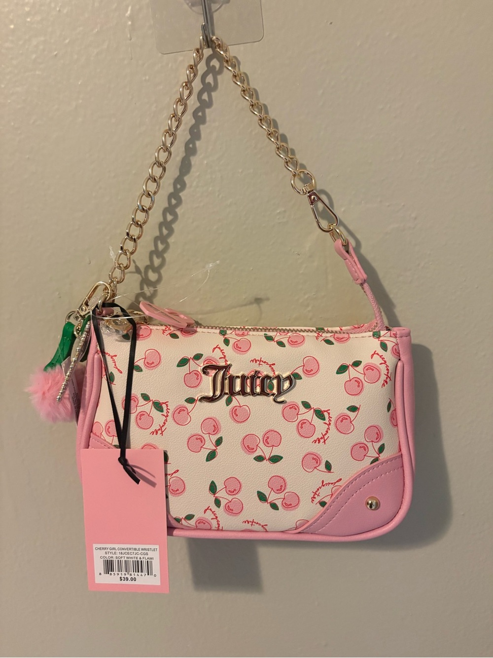 Juicy Couture Pink Cherry Print Shoulder Bag with Gold Chain